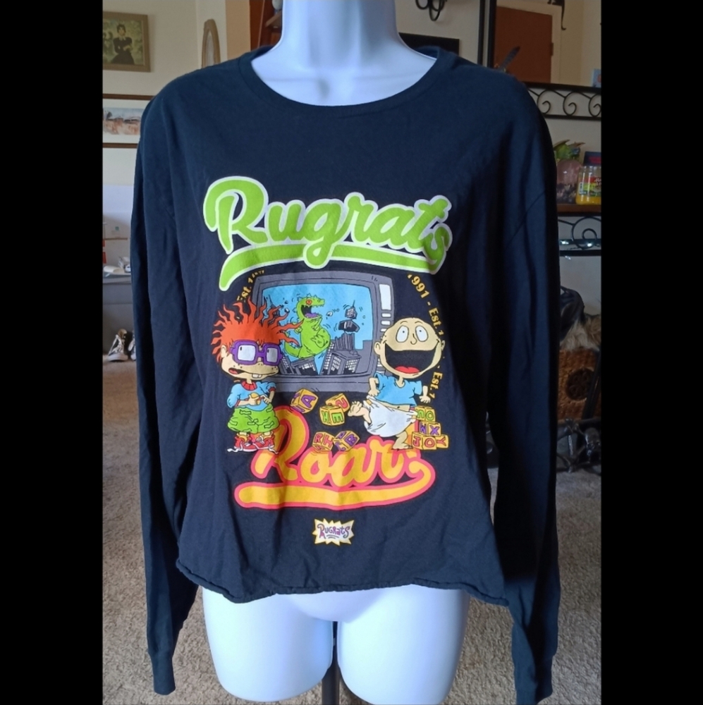 🖤 Juniors Rugrats Nickelodeon Cropped Long Sleeve Shirt Crop Top XL Reptar